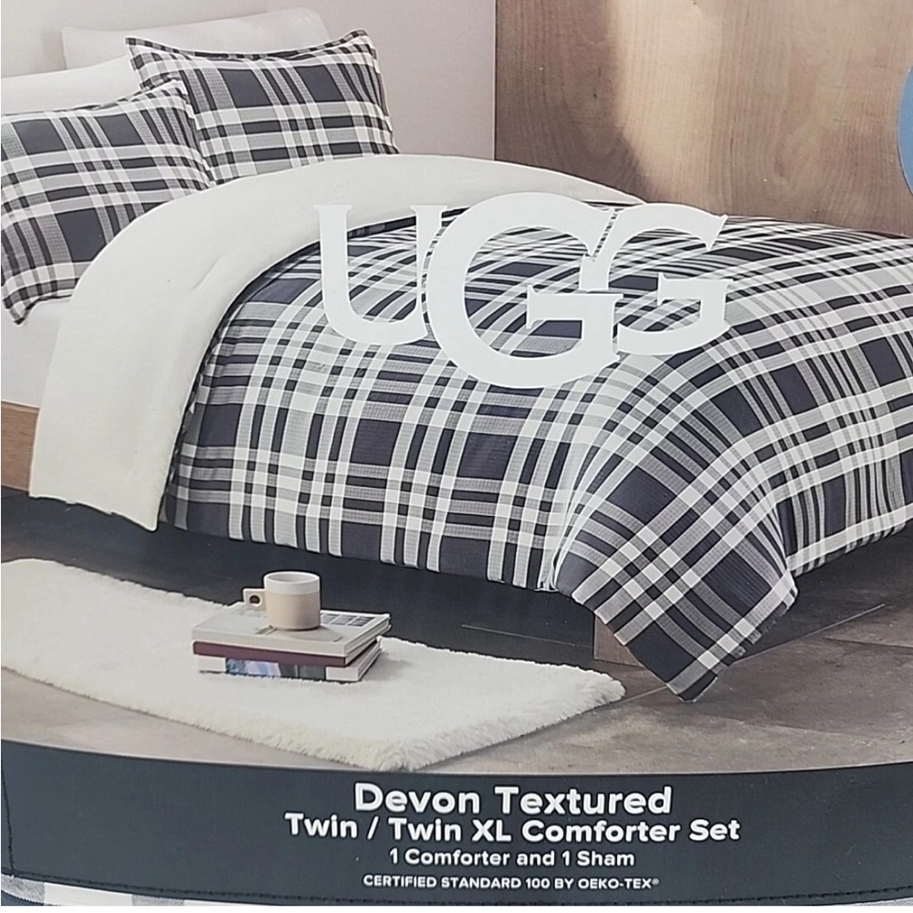 UGG Devon Textured Comforter Set - Blue and White Plaid 1 Sham 1 Comforter
